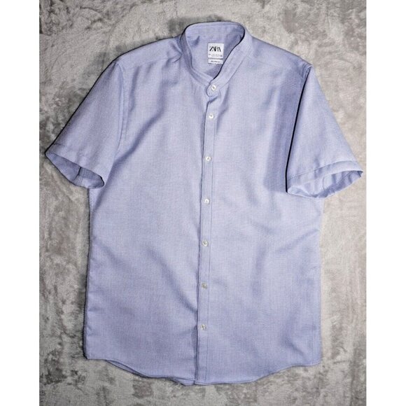 Zara Shirt Mens L Relaxed Fit Casual Button Up Mock Neck Rolled Short Sleeve - Picture 7 of 11